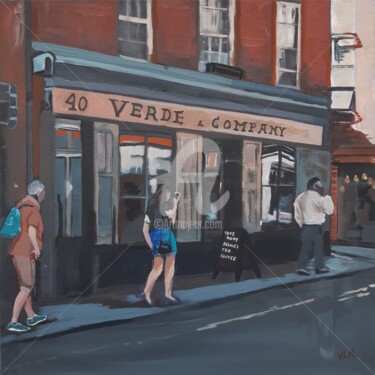 Malarstwo zatytułowany „London street” autorstwa Valérie Le Meur, Oryginalna praca, Akryl Zamontowany na Drewniana rama noszy