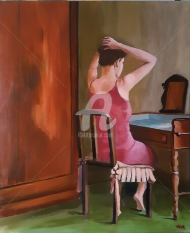 Painting titled "La coiffeuse" by Valérie Le Meur, Original Artwork, Acrylic Mounted on Wood Stretcher frame