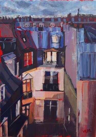 Painting titled "Dans la cour" by Valérie Le Meur, Original Artwork, Acrylic