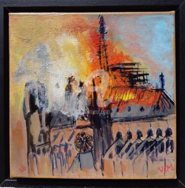 Painting titled "L'Incendie de Notre…" by Valérie Le Meur, Original Artwork, Acrylic Mounted on Wood Stretcher frame