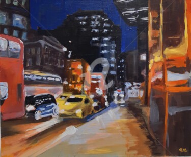 Картина под названием "London street night" - Valérie Le Meur, Подлинное произведение искусства, Акрил Установлен на Деревян…