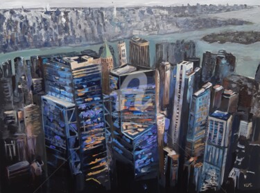 Painting titled "Lower Manhattan" by Valérie Le Meur, Original Artwork, Acrylic Mounted on Wood Stretcher frame