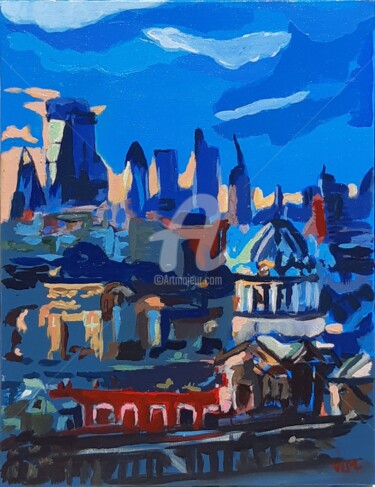 Painting titled "Blue London" by Valérie Le Meur, Original Artwork, Acrylic Mounted on Wood Stretcher frame