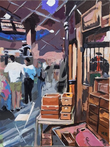 Schilderij getiteld "Camden Market" door Valérie Le Meur, Origineel Kunstwerk, Acryl Gemonteerd op Frame voor houten brancard