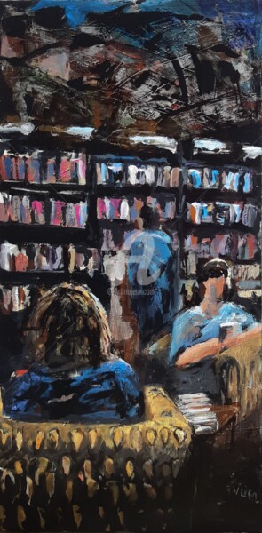 Painting titled "The bookshop-London" by Valérie Le Meur, Original Artwork, Acrylic Mounted on Wood Stretcher frame