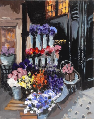 Painting titled "Floral shop Liberty" by Valérie Le Meur, Original Artwork, Acrylic Mounted on Wood Stretcher frame
