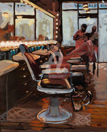Painting titled "The barber shop" by Valérie Le Meur, Original Artwork, Acrylic Mounted on Wood Stretcher frame