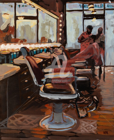 Pintura intitulada "The barber shop" por Valérie Le Meur, Obras de arte originais, Acrílico Montado em Armação em madeira