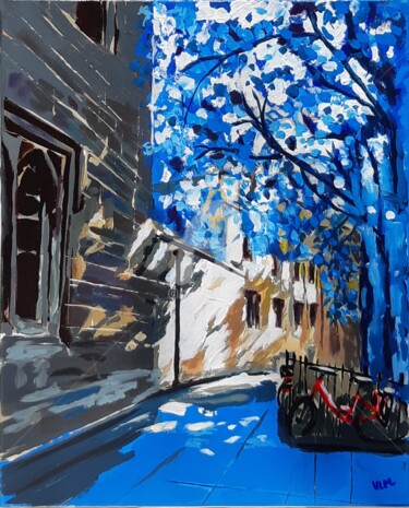 Painting titled "Blue Cambridge" by Valérie Le Meur, Original Artwork, Acrylic Mounted on Wood Stretcher frame