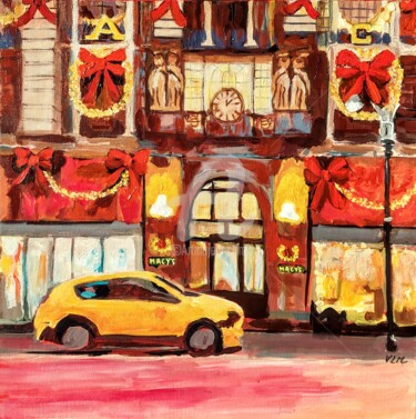 Schilderij getiteld "Christmas at Macy's" door Valérie Le Meur, Origineel Kunstwerk, Acryl Gemonteerd op Frame voor houten b…