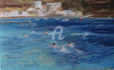 Painting titled "Swimming in the port" by Valérie Le Meur, Original Artwork, Oil Mounted on Wood Stretcher frame