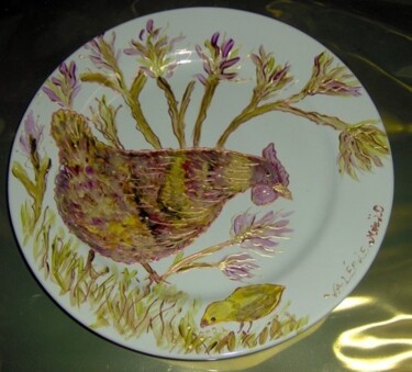 Assiette décorative poule, peinture sur céramique Design intitulée "Assiette décorative…" par Valérie Maïo, Œuvre d'art originale, Art de la table