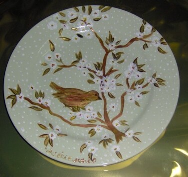 Assiette décorative oiseau, peinture sur céramique Design intitulée "Assiette décorative…" par Valérie Maïo, Œuvre d'art originale, Art de la table