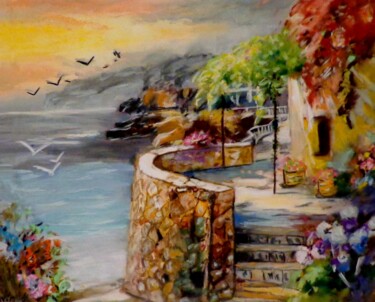 Painting titled "La terrasse - table…" by Valérie Maïo, Original Artwork, Pastel
