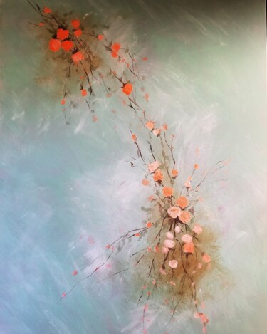 Painting titled "Roses orangées" by Valérie Maraux, Original Artwork, Acrylic Mounted on Wood Stretcher frame