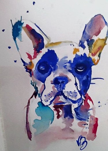 Malerei mit dem Titel "Bouldogue français" von Vaal, Original-Kunstwerk, Aquarell