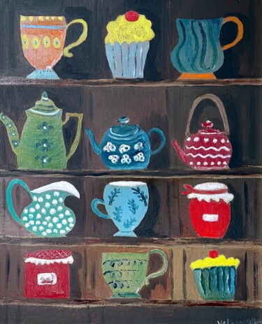 Pintura intitulada "CUP OF TEA" por Valérie Morin, Obras de arte originais, Óleo