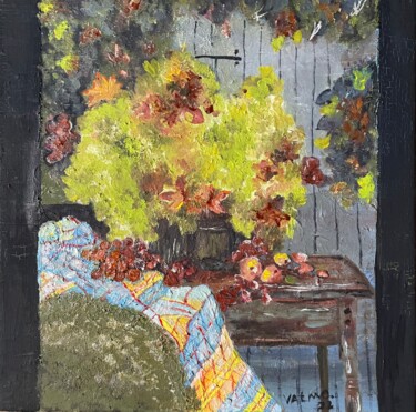 Painting titled "BOUQUET SUR TABLE" by Valérie Morin, Original Artwork, Oil Mounted on Wood Stretcher frame