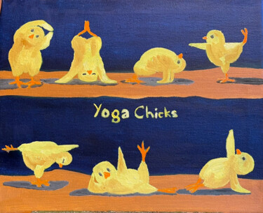 Painting titled "YOGA CHICKS" by Valérie Morin, Original Artwork, Oil Mounted on Wood Stretcher frame