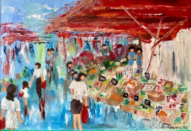Peinture intitulée "Jour de marché à ÉV…" par Valérie Morin, Œuvre d'art originale, Huile