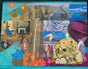Collages intitulée "Turquoise" par Valerie Noble Val, Œuvre d'art originale, Collages Monté sur Panneau de bois