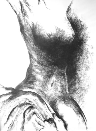 Drawing titled "Nu Féminin" by Valérie Perlein, Original Artwork, Charcoal
