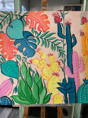 Malerei mit dem Titel "Kaktus" von Valérie Riou, Original-Kunstwerk, Acryl Auf Keilrahmen aus Holz montiert