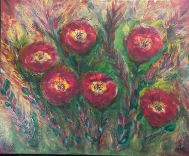 Painting titled "Bouquet rouge" by Valerie Sagnier (Val'Art), Original Artwork, Acrylic Mounted on Wood Stretcher frame