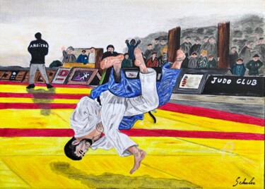 Painting titled "Judo: Le shiai, pro…" by Valérie Schuler, Original Artwork, Acrylic Mounted on Wood Stretcher frame