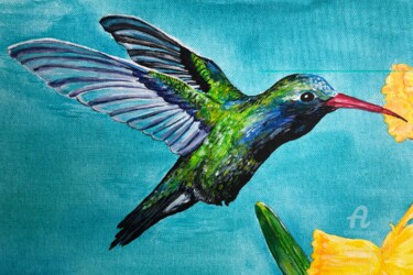 Painting titled "Le colibri d'Henri" by Valérie Schuler, Original Artwork, Acrylic Mounted on Cardboard