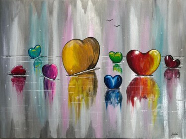 Painting titled "La régate des coeur…" by Valérie Schuler, Original Artwork, Acrylic Mounted on Wood Stretcher frame