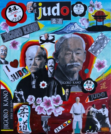 Collages intitolato "Judo: Jigoro KANO e…" da Valérie Schuler, Opera d'arte originale, Collages Montato su Telaio per barell…