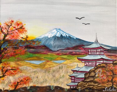 Painting titled "L’automne au Japon…" by Valérie Schuler, Original Artwork, Acrylic Mounted on Wood Stretcher frame