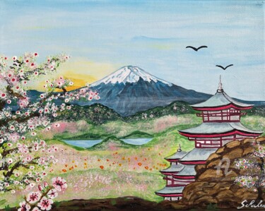 Painting titled "Le printemps au Jap…" by Valérie Schuler, Original Artwork, Acrylic Mounted on Wood Stretcher frame