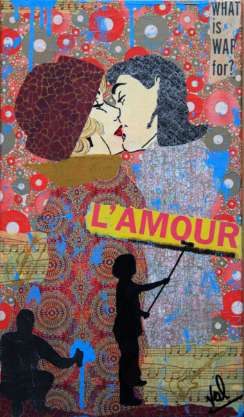 Collages getiteld "Pop Kiss" door Valérie Weiland (VALpapers), Origineel Kunstwerk, Collages Gemonteerd op Frame voor houten…