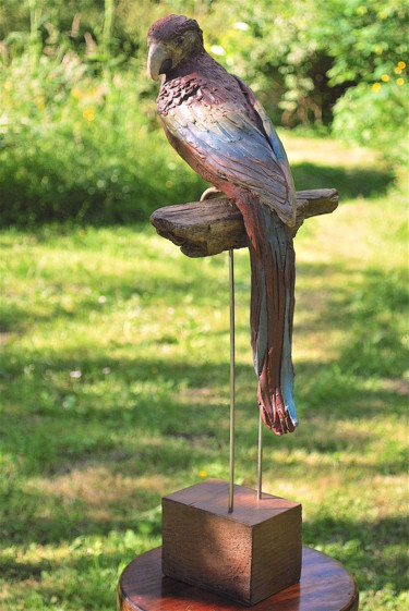 Sculpture titled "Perroquet rouge" by Valérie Zahonero, Original Artwork, Wood