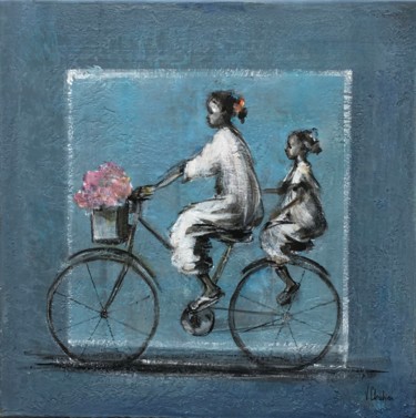 Pintura intitulada "enfants à vélo" por Valérie Chrétien, Obras de arte originais, Acrílico