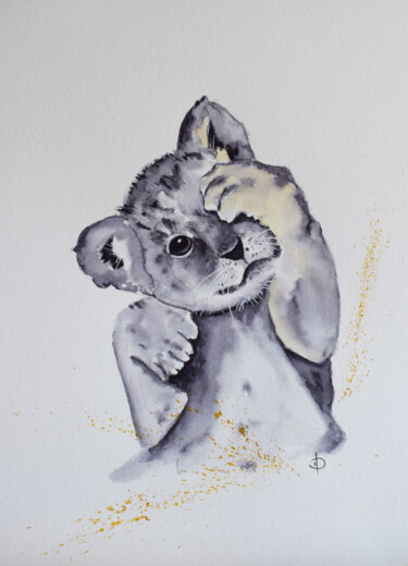 Painting titled "Lionceau" by Valérie Domenjoz, Original Artwork, Watercolor