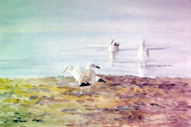 Malerei mit dem Titel "100 Goelands" von Valérie Frenel, Original-Kunstwerk, Aquarell