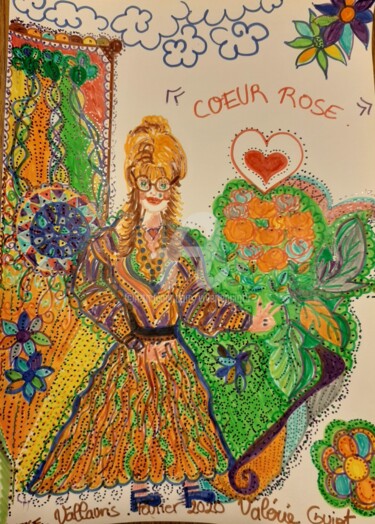 Dessin intitulée "Cœur Rose." par Valerie Guiot, Œuvre d'art originale, Marqueur