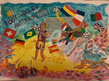 Painting titled "FOOT- VOLLEY" by Valerie Guiot, Original Artwork, Gouache