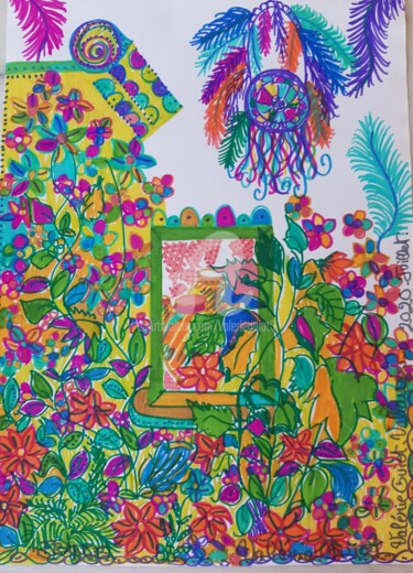 Dessin intitulée "Le jardin des rêves." par Valerie Guiot, Œuvre d'art originale, Marqueur