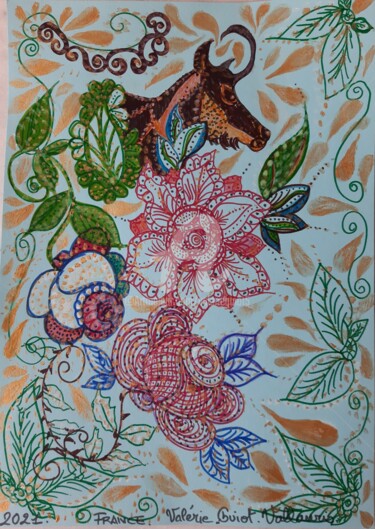 Zeichnungen mit dem Titel "Chamois doré" von Valerie Guiot, Original-Kunstwerk, Marker