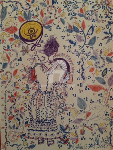 Dessin intitulée "Le chignon." par Valerie Guiot, Œuvre d'art originale, Stylo à bille