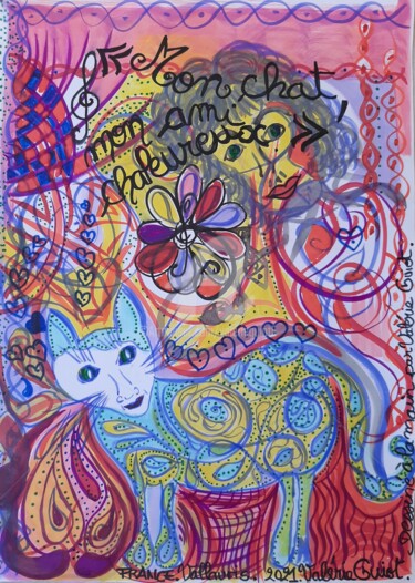 Drawing titled "MON CHAT,  MON AMI…" by Valerie Guiot, Original Artwork, Marker