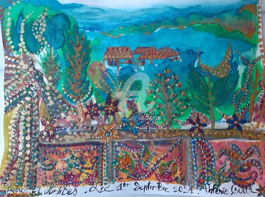 Pittura intitolato "Vue du balcon vers…" da Valerie Guiot, Opera d'arte originale, Gouache