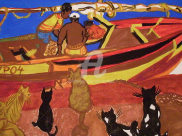 「Retour de la pêche」というタイトルの絵画 Valerie Guiotによって, オリジナルのアートワーク, グワッシュ水彩画