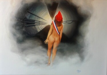Painting titled "Marianne traversant…" by Valérie Renoux, Original Artwork, Oil Mounted on Wood Stretcher frame