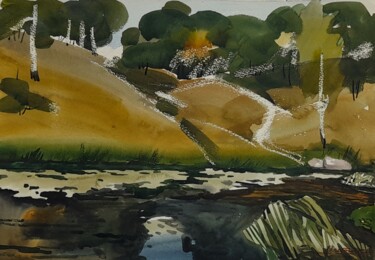 Painting titled "Above a river" by Valerii Oliinyk, Original Artwork, Watercolor