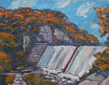 Painting titled "Dam on the Teterev…" by Valerii Oliinyk, Original Artwork, Oil